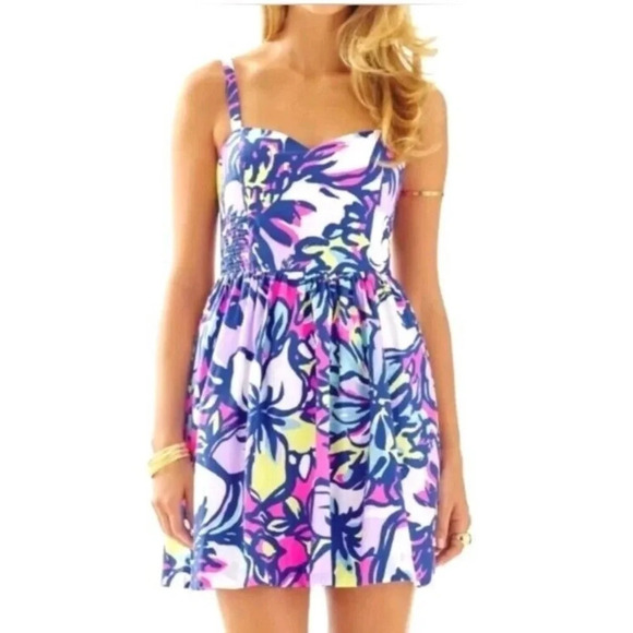 LILLY PULITZER DRESS BRIGHT PINK BLUE FLORAL WOMENS SZ 0 STRAPS RUCHED SUNDRESS - Picture 1 of 10